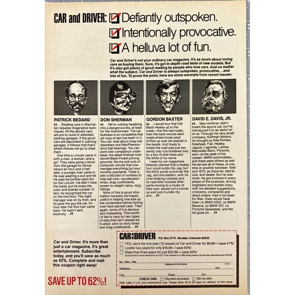 Car & Driver Magazine Subscription Page "Save 62%" Vintage Print Ad 1983 - Picture 1 of 3